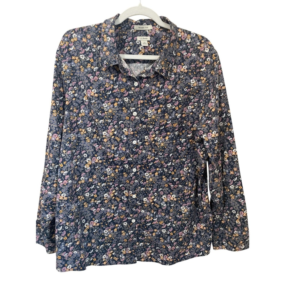 LL Bean Womens 2X Wrinkle Free Cotton Floral Button Down Shirt Navy Pink